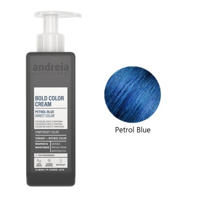 Frasco de creme de cor direta temporária Andreia Professional azul petróleo com amostra de cor