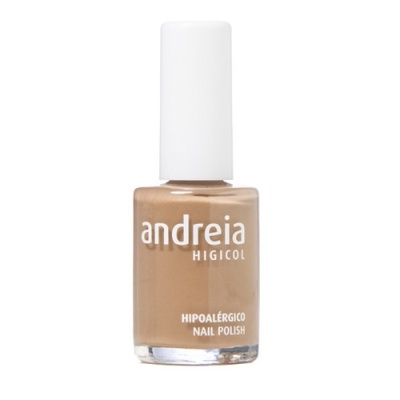 Verniz de unha castanho claro da marca Andreia com tampa branca e texto Hipoalérgico Nail Polish