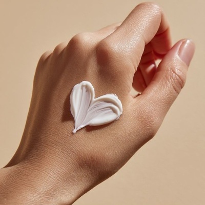 Mão com creme branco em forma de coração no dorso sobre fundo bege