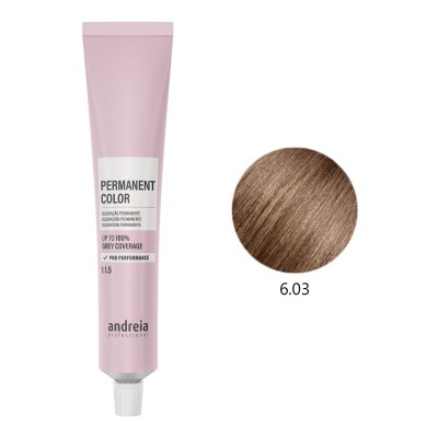 Tubo rosa de coloração permanente e amostra de cor castanho claro 6.03