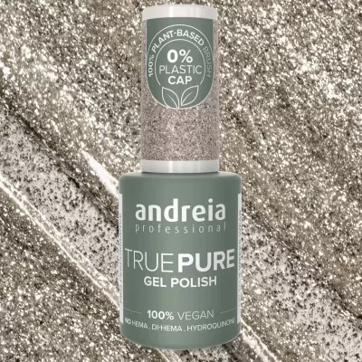 Esmalte de gel verde com tampa cinzenta texturizada e texto branco sobre fundo brilhante prateado
