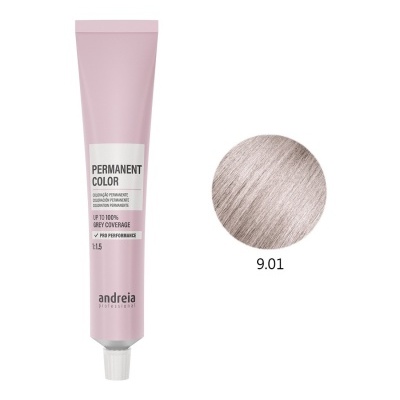 Tubo cor de rosa de coloração permanente Andreia Professional com amostra de cor 9.01 cinza claro