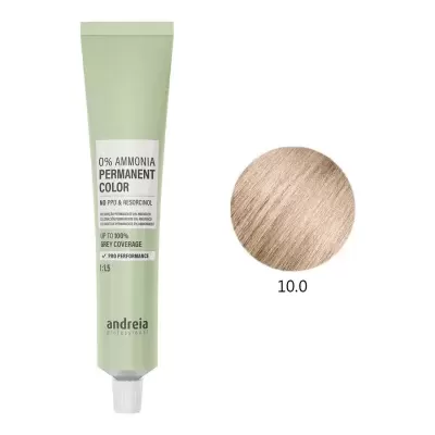 Tubo de tinta de cabelo permanente Andreia verde com amostra de cor loiro claro 10.0
