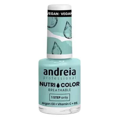 Frasco azul de verniz de unhas Andreia Nutri Color Breathable com tampa branca decorada
