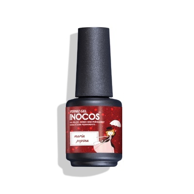 Frasco de verniz gel INOCOS com rótulo vermelho e personagem desenhada
