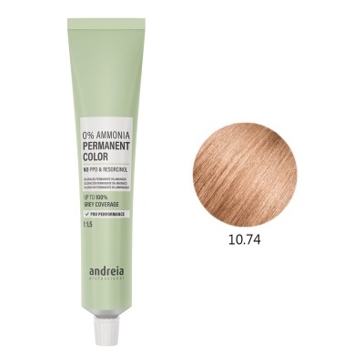 Tubo de tinta de cabelo sem amoníaco Andreia Professional com amostra de cor 10.74 loiro acobreado.