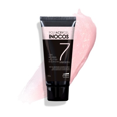 Tubo preto de Polyacrygel INOCOS cor Chá Rosinha Glitter com mancha rosa glitter