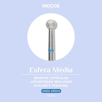 Ferramenta esférica para cutículas com detalhe azul e texto informativo