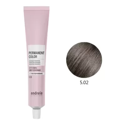 Tubo rosa tinta capilar permanente Andreia Professional com amostra de cor castanho escuro 5.02