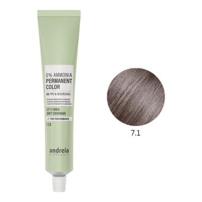 Tubo de tinta de cabelo Andreia Professional verde com amostra de cor 7.1 castanho acinzentado