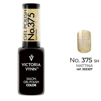 Esmalte de gel Victoria Vynn nº 375 mattina com amostra da cor dourada brilhante.