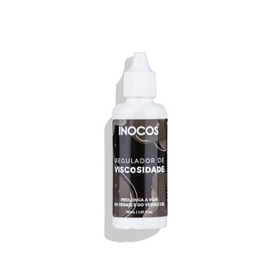 Frasco branco de regulador de viscosidade INOCOS com rótulo preto.
