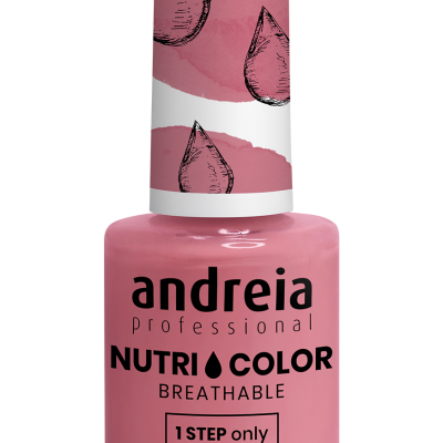 Frasco de verniz de unhas rosa Andreia Professional com texto informativo e desenho de gotas