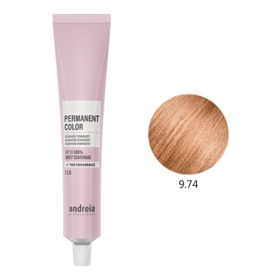 Tubo rosa de tinta permanente para cabelo Andreia com amostra de cor castanho dourado