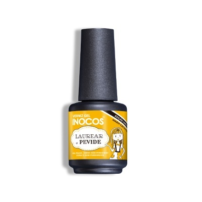 Frasco de verniz gel semi permanente Inocos com etiqueta amarela e desenho de rapariga