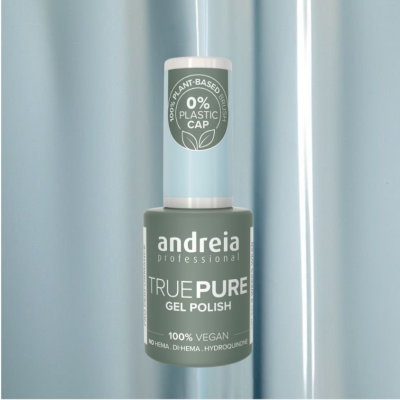 Frasco de verniz gel cinza esverdeado Andreia Professional com tampa azul clara e rótulo de vegan
