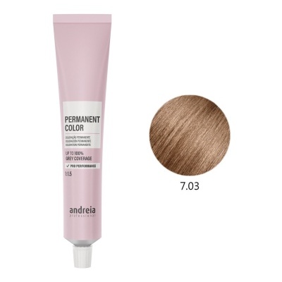 Tubo rosa de coloração permanente para cabelo com amostra de cor castanha clara 7.03