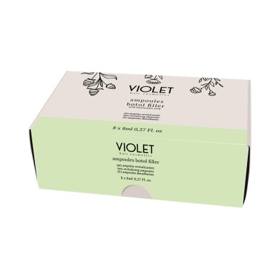 Embalagem de ampolas para cabelo VIOLET em bege e verde claro com texto e desenho floral preto.