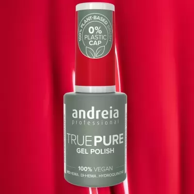 Frasco de esmalte de gel Andreia Professional TRUE PURE com tampa vermelha e corpo cinza.