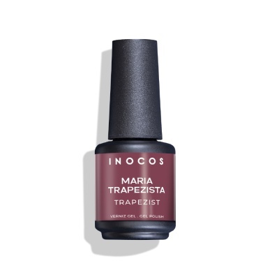 Frasco de verniz gel para unhas Inocos cor borgonha com rótulo e tampa preta
