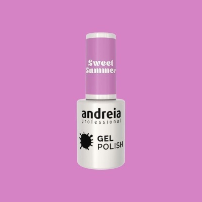 Frasco de verniz gel Andreia Professional com tampa lilás claro e corpo branco com texto preto
