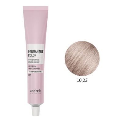 Tubo rosa de coloração permanente para cabelo com amostra de cor castanha clara 10.23