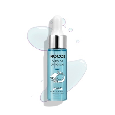 Frasco azul de óleo de cutículas INOCOS com tampa e rótulo de coco