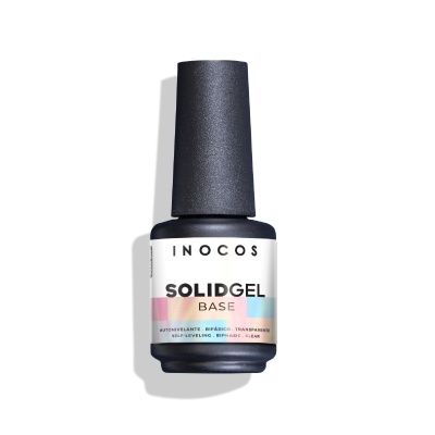 Frasco de verniz gel INOCOS SOLIDGEL BASE com tampa preta e etiqueta colorida.