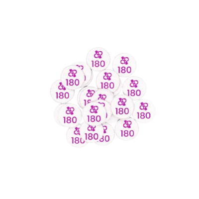 Placas redondas brancas com número 180 e símbolo roxo sobre fundo negro