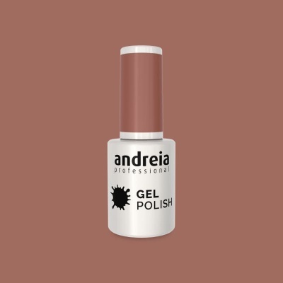Frasco de verniz gel para unhas Andreia Professional com tampa castanha e corpo branco.