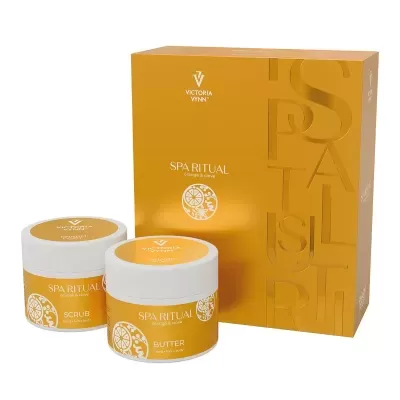 Conjunto de produtos SPA Ritual com scrub e butter em frascos amarelos e caixa dourada