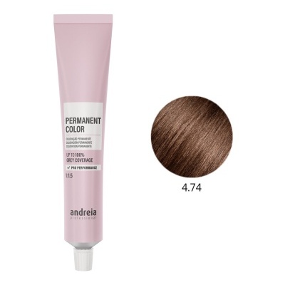 Tubo de coloração permanente andreia professional rosa com amostra de cor castanho 4.74