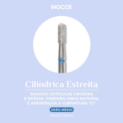 Broca cilíndrica estreita para unhas com textura granulada e anel azul, com texto explicativo em fundo azul claro