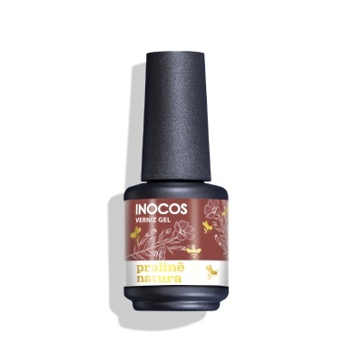 frasco de verniz gel Inocos praliné natura com tampa preta fosca e rótulo castanho com flores