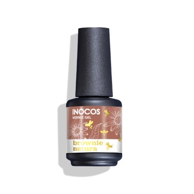 Frasco de verniz gel INOCOS com rótulo castanho e ilustrações de flores