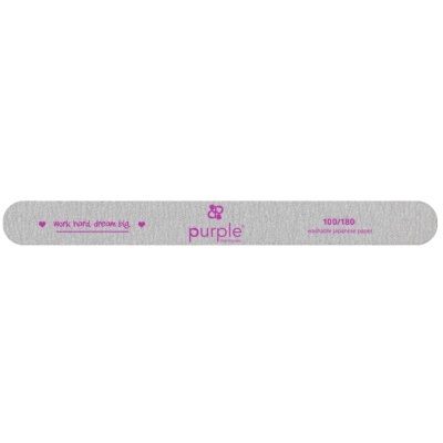 Lima para unhas cinza claro com texto roxo