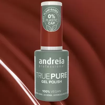 Frasco de verniz gel verde acinzentado com tampa castanha e selo ecológico