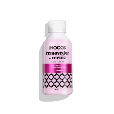 Frasco rosa de removedor de verniz da marca Inocos