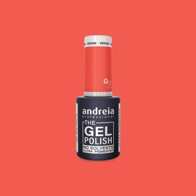 Frasco de verniz gel preto e laranja com texto branco