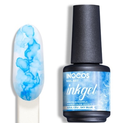 Frasco de verniz INOCOS Inkgel azul céu com amostra de cor aquarelada