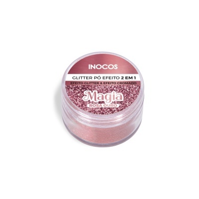 Frasco de glitter em pó rosa ouro com tampa rosa, marca INOCOS.