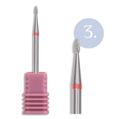 Broca metálica cónica para unhas com base rosa e anel vermelho