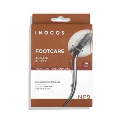 Alicate de pedicure INOCOS para remoção de calosidades em embalagem castanha e branca