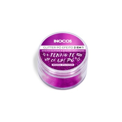 Pó glitter roxo em recipiente transparente com tampa roxa e etiqueta com texto