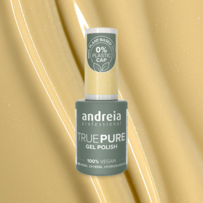 Esmalte em gel verde esmeralda Andreia True Pure com selo vegano e selo de escova plant-based