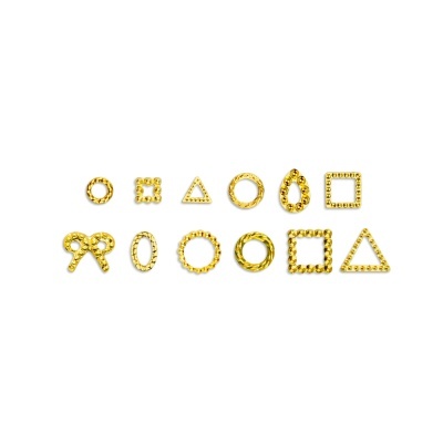 Aros decorativos dourados em vários formatos geométricos e texturas sobre fundo branco