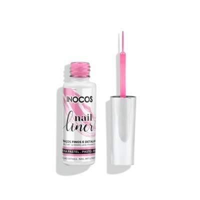 Frasco de verniz INOCOS nail liner rosa pastel com pincel e tampa prateada
