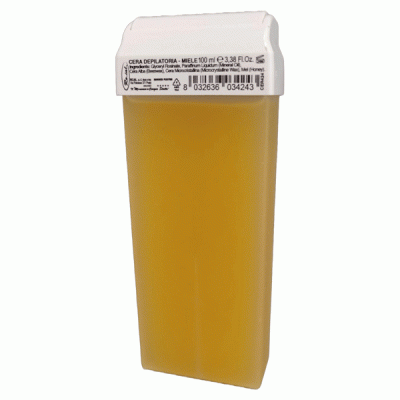 Frasco amarelo translúcido com tampa branca, cera depilatória e etiqueta com texto e código de barras