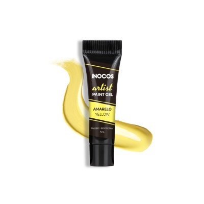 Tubo de gel de pintura amarelo da marca INOCOS com texto em inglês e português