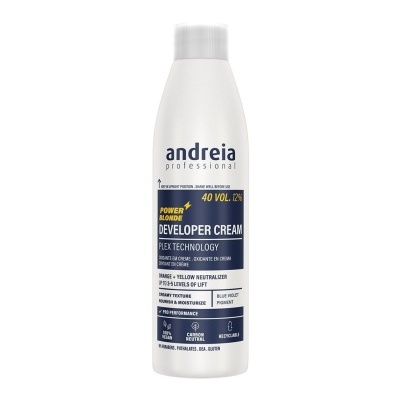 Frasco branco de creme desenvolvedor Andreia Professional com rótulo azul e amarelo